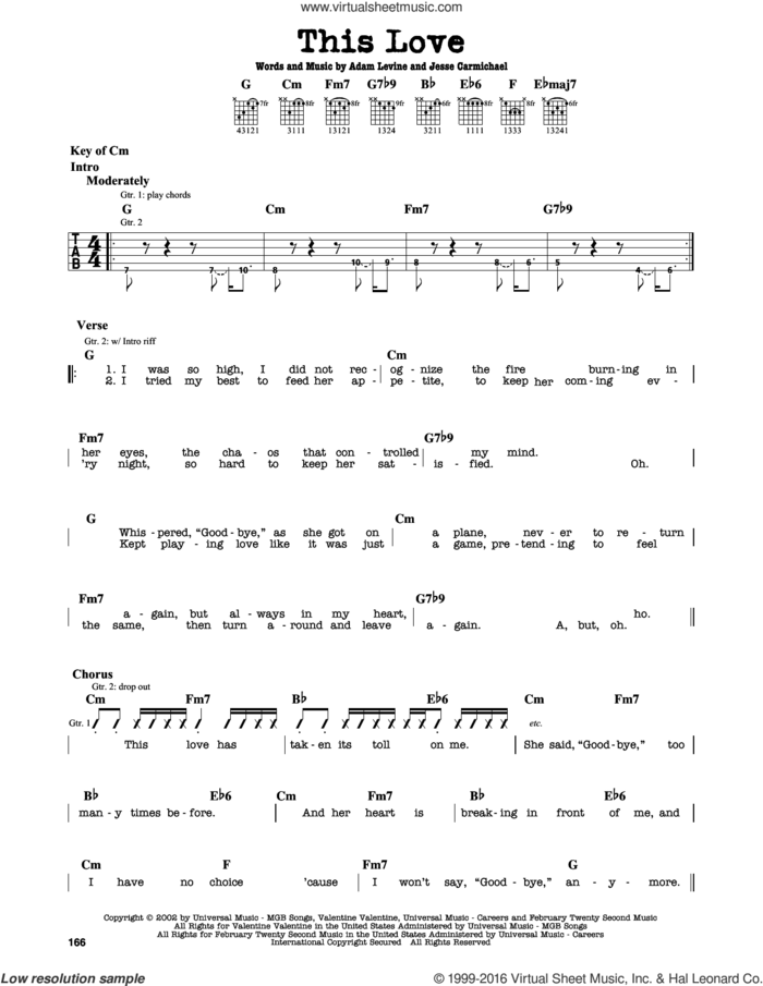 This Love sheet music for guitar solo (lead sheet) by Maroon 5, Adam Levine and Jesse Carmichael, intermediate guitar (lead sheet)