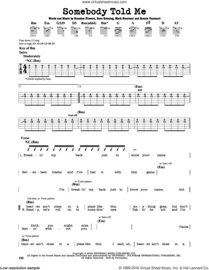 Somebody Told Me sheet music for guitar solo (lead sheet) by The Killers, Brandon Flowers, Dave Keuning, Mark Stoermer and Ronnie Vannucci, intermediate guitar (lead sheet)