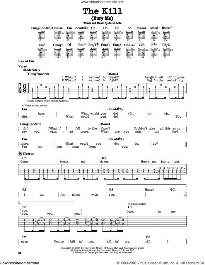 The Kill (Bury Me) sheet music for guitar solo (lead sheet) by 30 Seconds To Mars and Jared Leto, intermediate guitar (lead sheet)