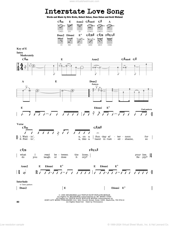 Interstate Love Song sheet music for guitar solo (lead sheet) by Stone Temple Pilots, Dean DeLeo, Eric Kretz, Robert DeLeo and Scott Weiland, intermediate guitar (lead sheet)