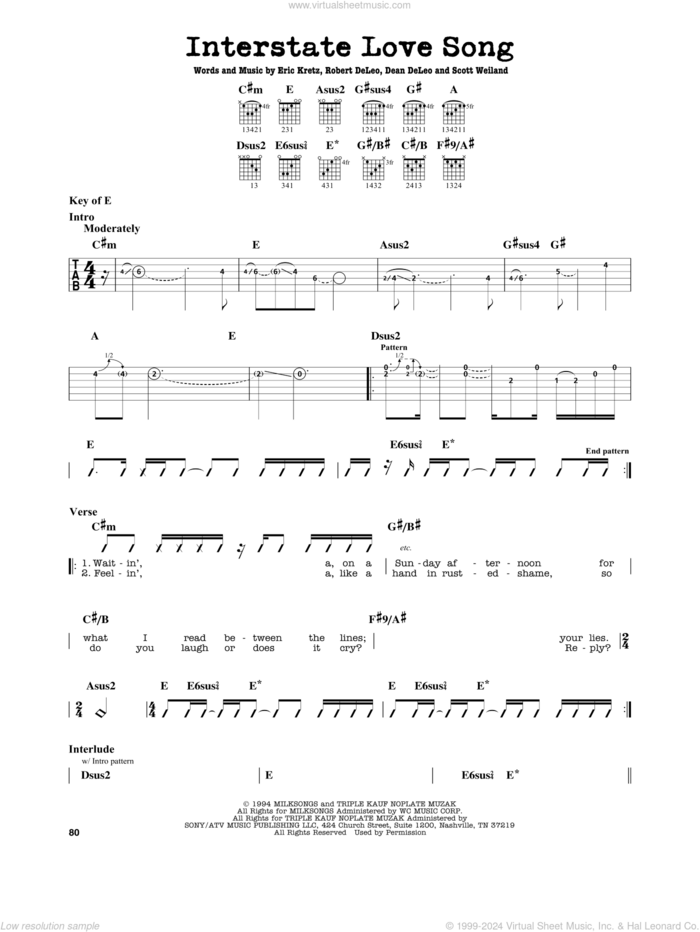 Interstate Love Song sheet music for guitar solo (lead sheet) by Stone Temple Pilots, Dean DeLeo, Eric Kretz, Robert DeLeo and Scott Weiland, intermediate guitar (lead sheet)