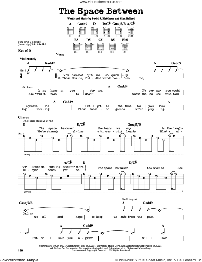 The Space Between sheet music for guitar solo (lead sheet) by Dave Matthews Band and Glen Ballard, intermediate guitar (lead sheet)