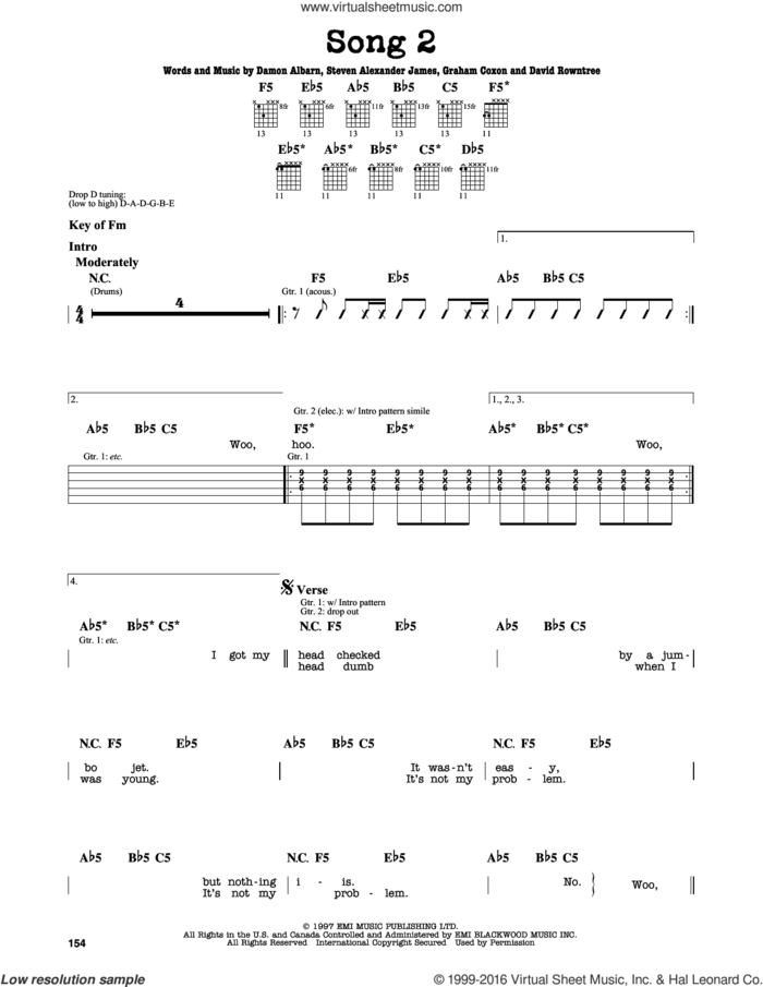 Song 2 sheet music for guitar solo (lead sheet) by Blur, Damon Albarn, David Rowntree, Graham Coxon and Steven Alexander James, intermediate guitar (lead sheet)