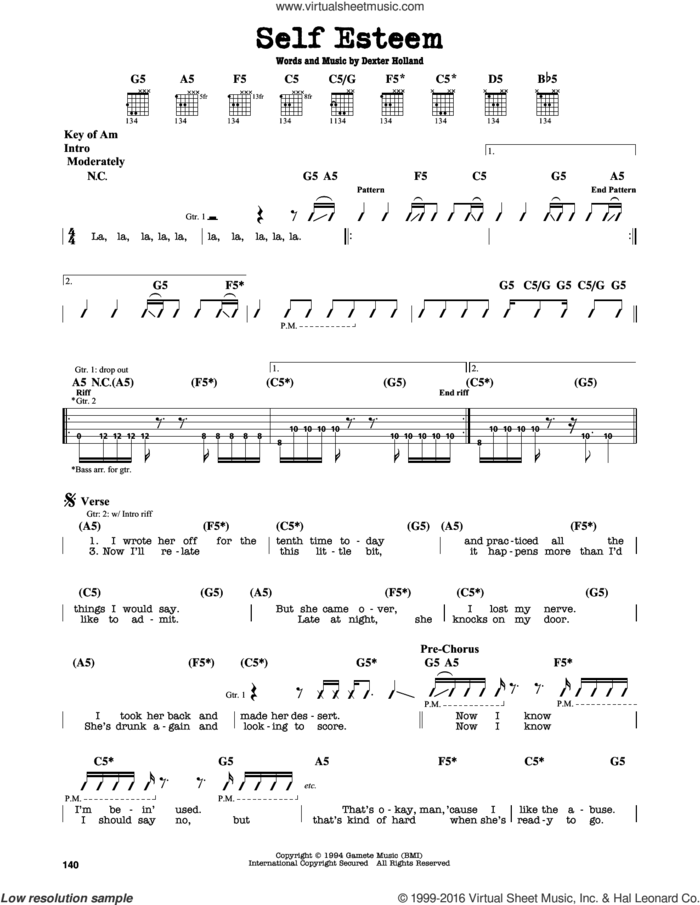 Self Esteem sheet music for guitar solo (lead sheet) by The Offspring and Dexter Holland, intermediate guitar (lead sheet)