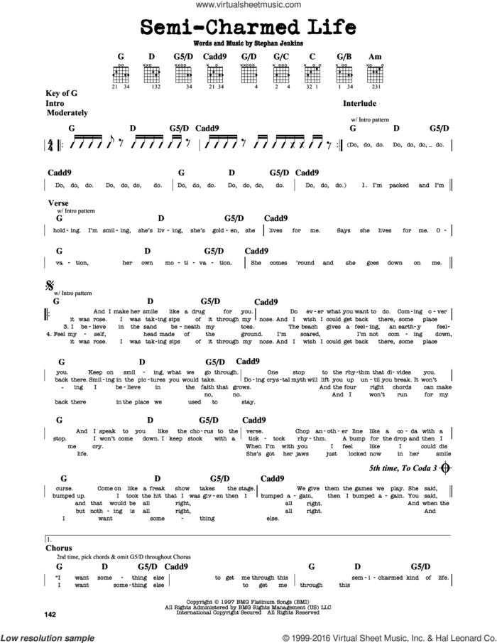 Semi-Charmed Life sheet music for guitar solo (lead sheet) by Third Eye Blind and Stephan Jenkins, intermediate guitar (lead sheet)