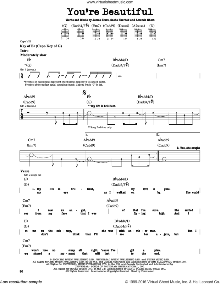 You're Beautiful sheet music for guitar solo (lead sheet) by James Blunt, Amanda Ghost and Sacha Skarbek, wedding score, intermediate guitar (lead sheet)