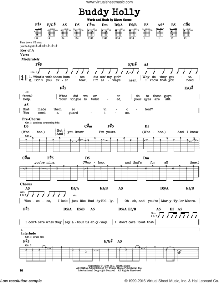 Buddy Holly sheet music for guitar solo (lead sheet) by Weezer and Rivers Cuomo, intermediate guitar (lead sheet)