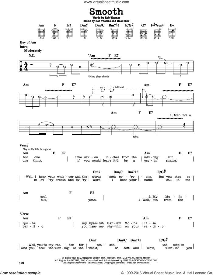Smooth sheet music for guitar solo (lead sheet) by Santana featuring Rob Thomas, Itaal Shur and Rob Thomas, intermediate guitar (lead sheet)