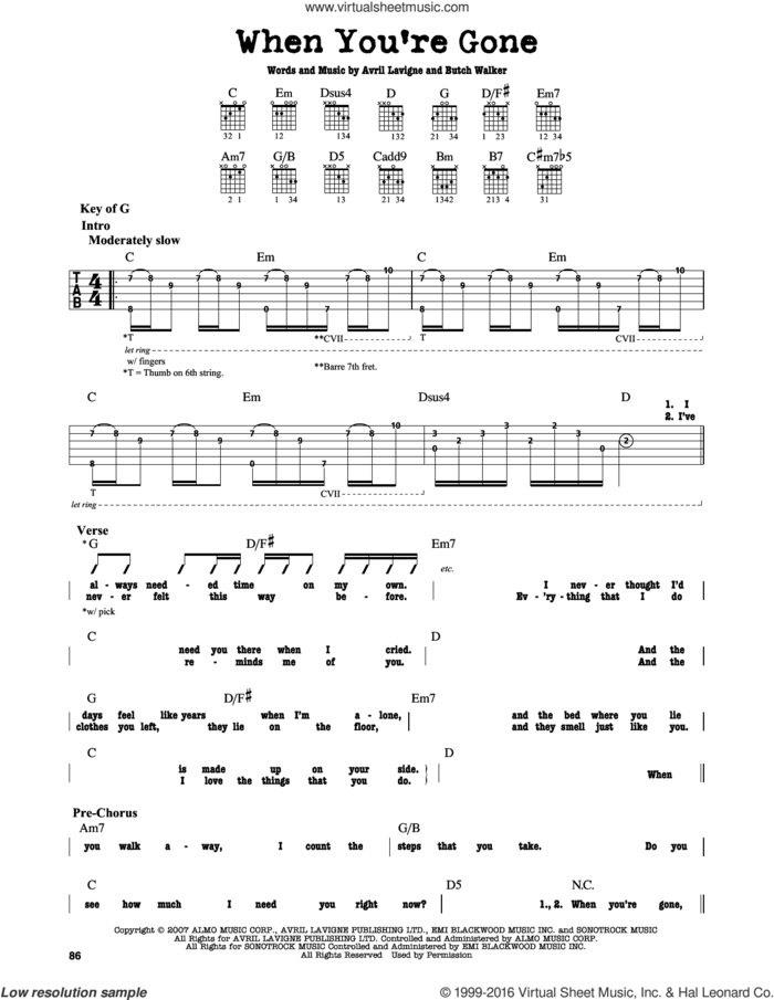 When You're Gone sheet music for guitar solo (lead sheet) by Avril Lavigne and Butch Walker, intermediate guitar (lead sheet)