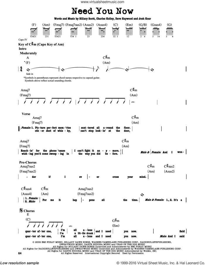 Need You Now sheet music for guitar solo (lead sheet) by Lady Antebellum, Lady A, Charles Kelley, Dave Haywood, Hillary Scott and Josh Kear, intermediate guitar (lead sheet)