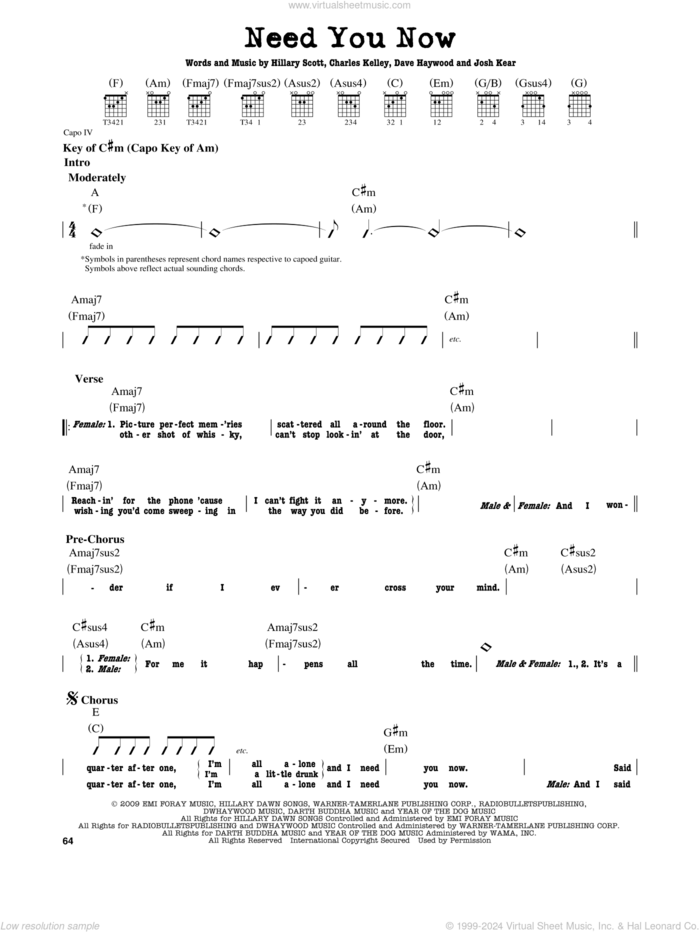 Need You Now sheet music for guitar solo (lead sheet) by Lady Antebellum, Lady A, Charles Kelley, Dave Haywood, Hillary Scott and Josh Kear, intermediate guitar (lead sheet)