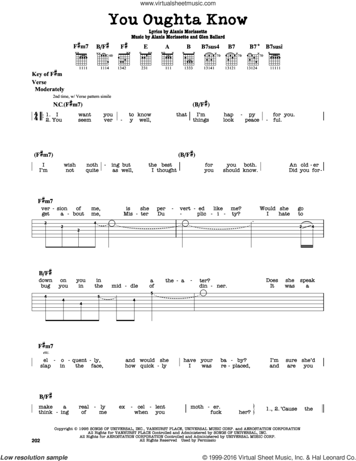 You Oughta Know sheet music for guitar solo (lead sheet) by Alanis Morissette and Glen Ballard, intermediate guitar (lead sheet)