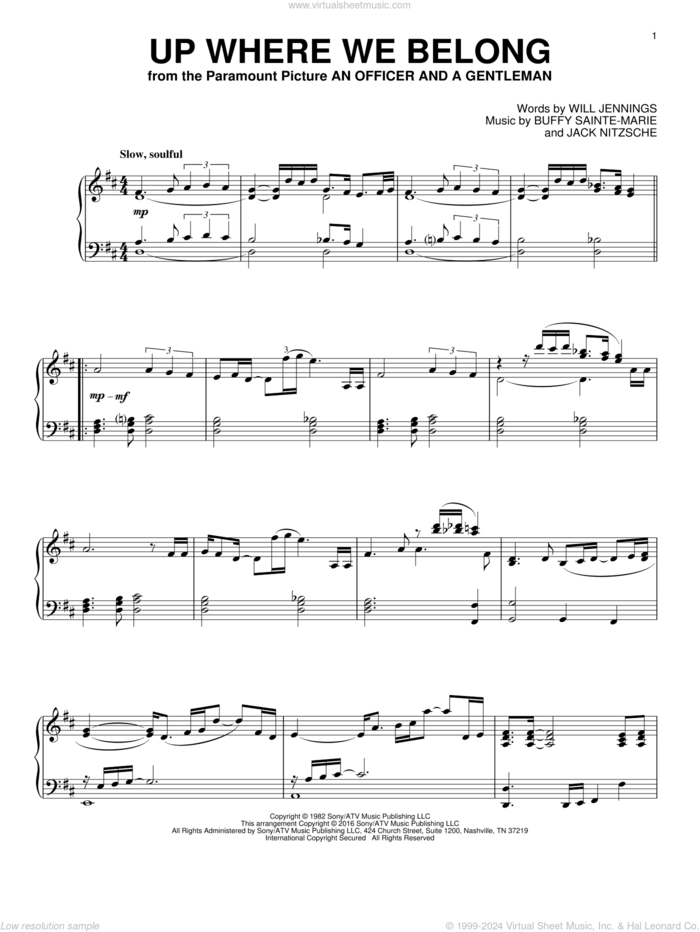 Up Where We Belong, (intermediate) sheet music for piano solo by Joe Cocker & Jennifer Warnes, BeBe and CeCe Winans, Buffy Sainte-Marie, Jack Nitzche and Will Jennings, intermediate skill level