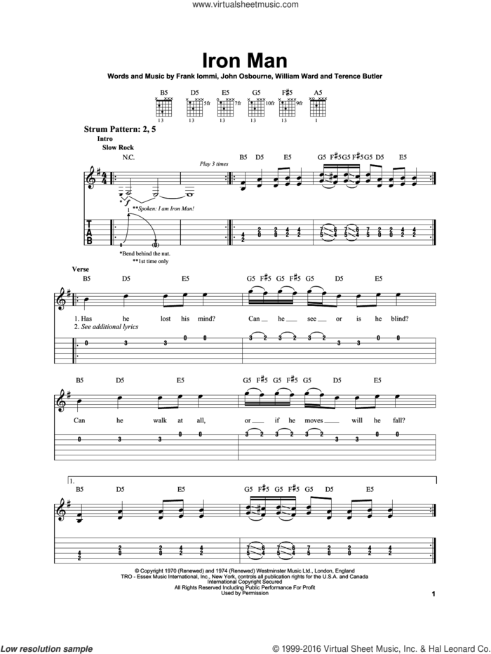 Iron Man sheet music for guitar solo (easy tablature) by Black Sabbath, Miscellaneous, Ozzy Osbourne, Frank Iommi, John Osbourne, Terence Butler and William Ward, easy guitar (easy tablature)