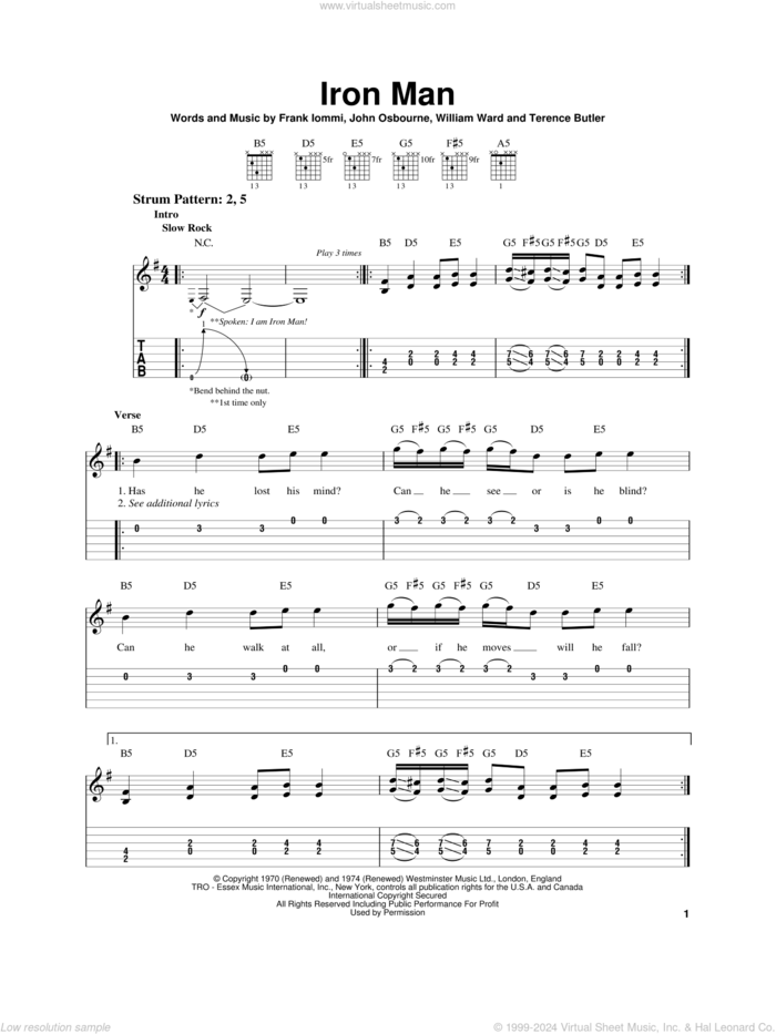 Iron Man sheet music for guitar solo (easy tablature) by Black Sabbath, Miscellaneous, Ozzy Osbourne, Frank Iommi, John Osbourne, Terence Butler and William Ward, easy guitar (easy tablature)