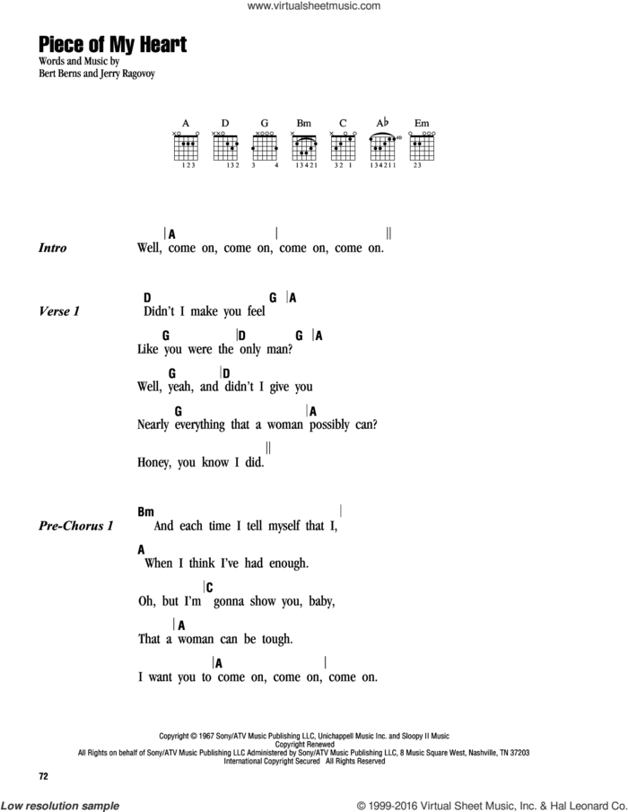 Piece Of My Heart sheet music for guitar (chords) by Janis Joplin, Faith Hill, Bert Berns and Jerry Ragovoy, intermediate skill level