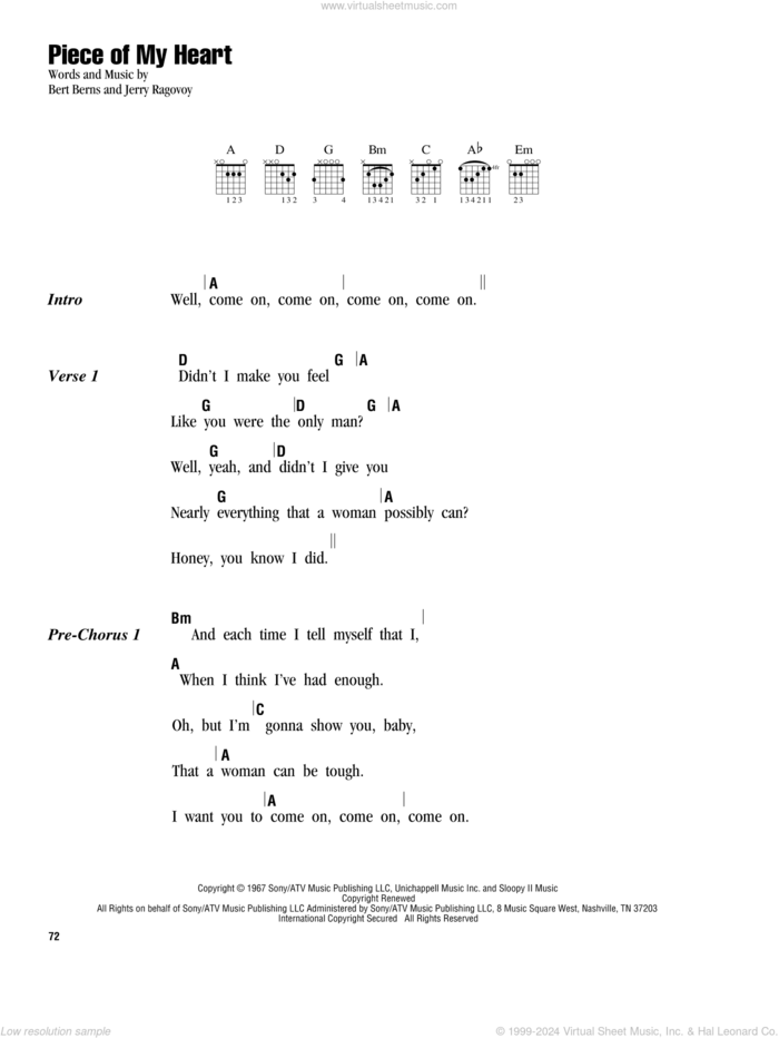 Piece Of My Heart sheet music for guitar (chords) by Janis Joplin, Faith Hill, Bert Berns and Jerry Ragovoy, intermediate skill level