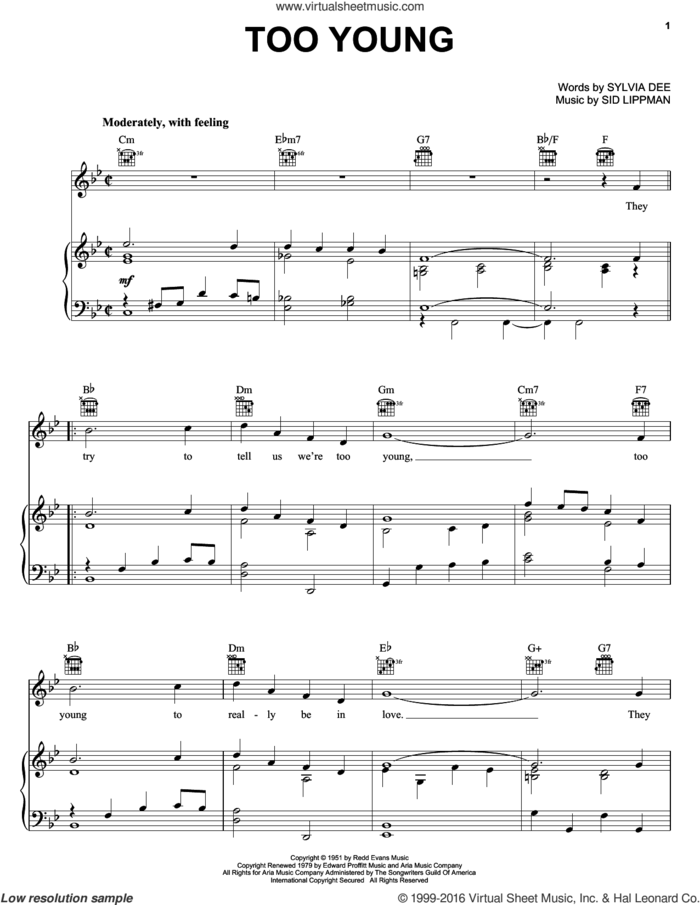 Too Young sheet music for voice, piano or guitar by Sid Lippman and Sylvia Dee, intermediate skill level