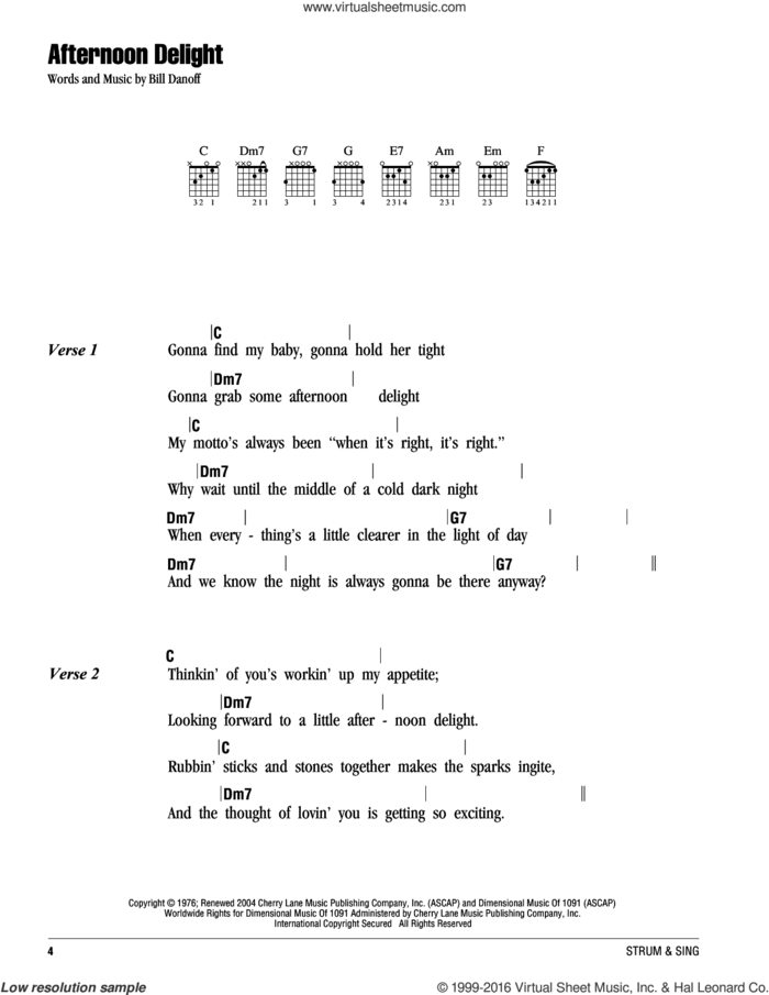 Afternoon Delight sheet music for guitar (chords) by Starland Vocal Band and Bill Danoff, intermediate skill level