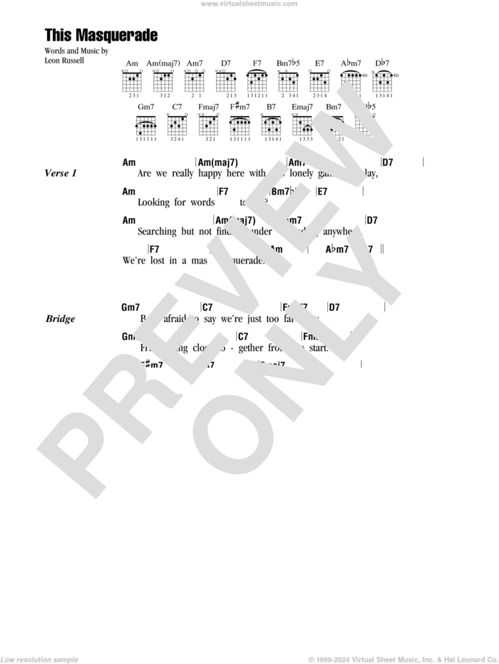 This Masquerade sheet music for guitar (chords) by George Benson, Carpenters and Leon Russell, intermediate skill level