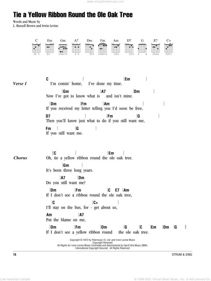 Tie A Yellow Ribbon Round The Ole Oak Tree sheet music for guitar (chords) by Dawn featuring Tony Orlando, Johnny Carver, Irwin Levine and L. Russell Brown, intermediate skill level