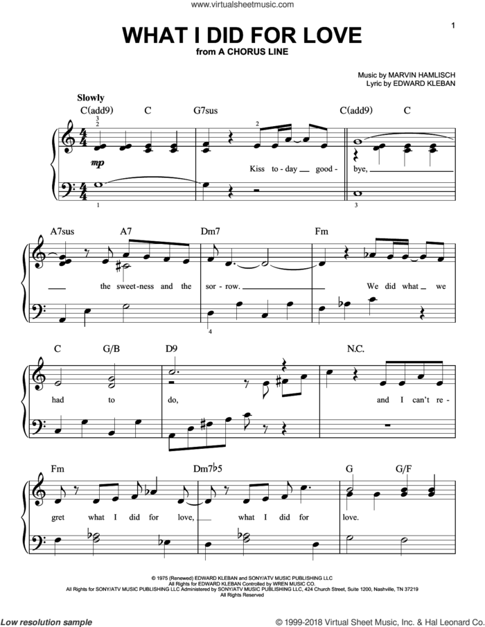 What I Did For Love, (beginner) sheet music for piano solo by Marvin Hamlisch and Edward Kleban, beginner skill level