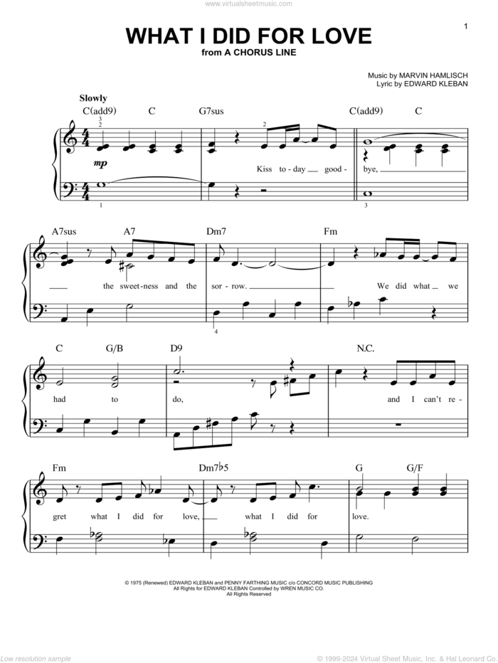 What I Did For Love, (beginner) sheet music for piano solo by Marvin Hamlisch and Edward Kleban, beginner skill level