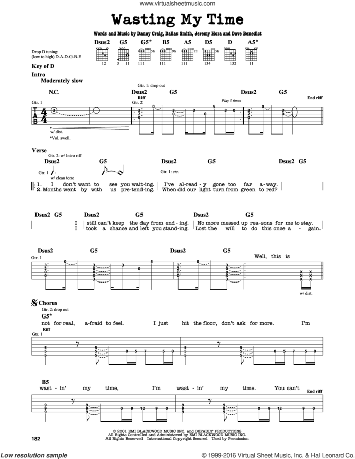 Wasting My Time sheet music for guitar solo (lead sheet) by Default, Dallas Smith, Danny Craig, Dave Benedict and Jeremy Hora, intermediate guitar (lead sheet)