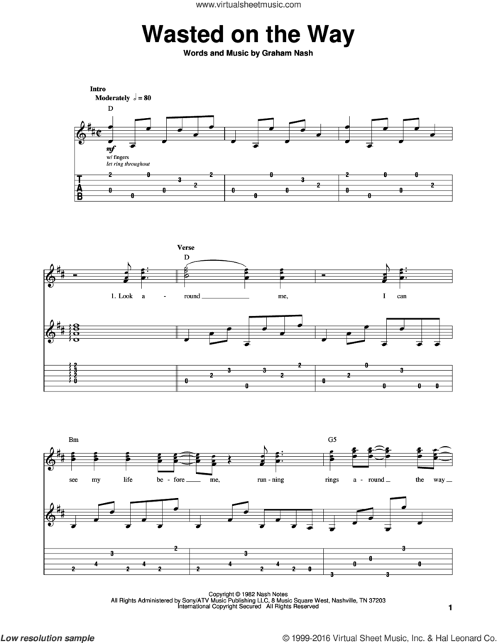 Wasted On The Way sheet music for guitar (tablature, play-along) by Crosby, Stills & Nash and Graham Nash, intermediate skill level