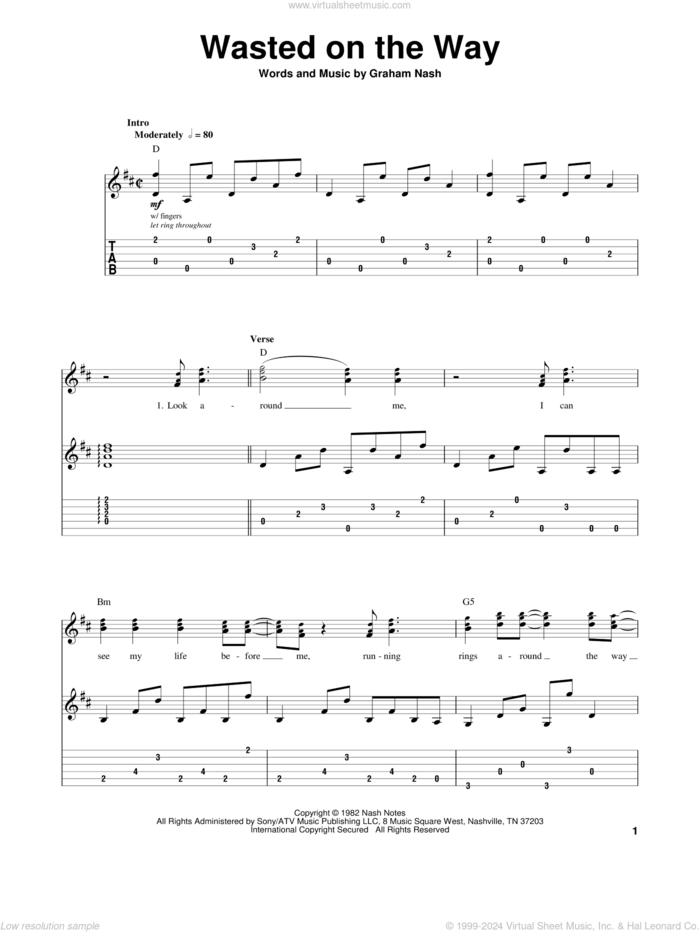 Wasted On The Way sheet music for guitar (tablature, play-along) by Crosby, Stills & Nash and Graham Nash, intermediate skill level