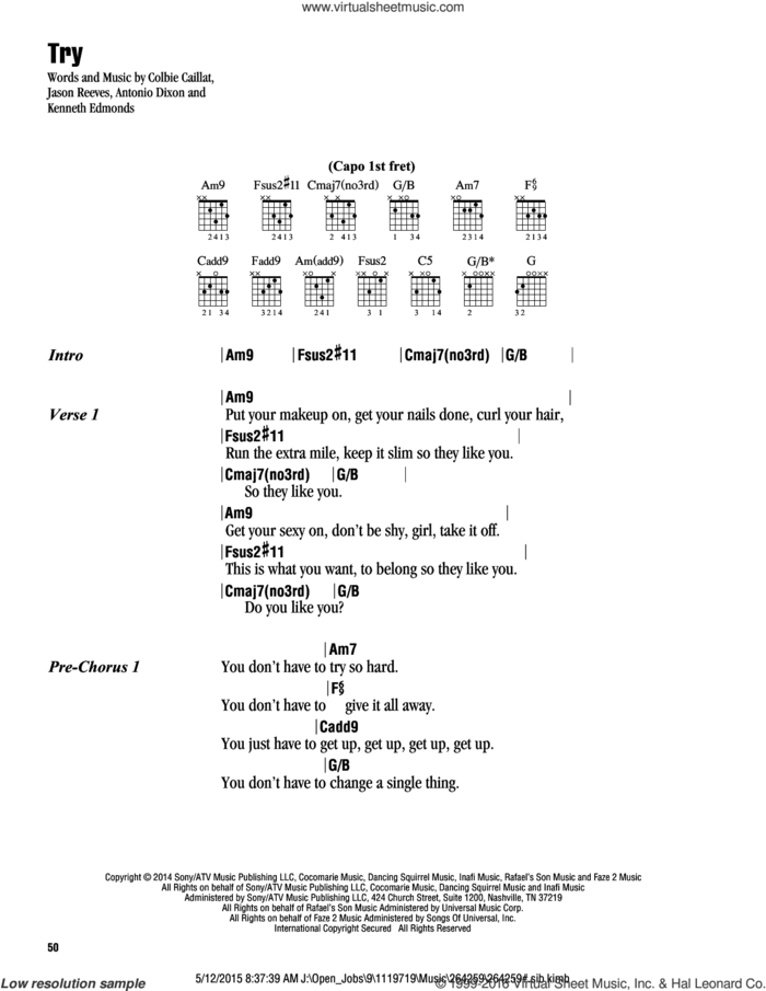 Try sheet music for guitar (chords) by Colbie Caillat, Antonio Dixon, Jason Reeves and Kenneth Edmonds, intermediate skill level