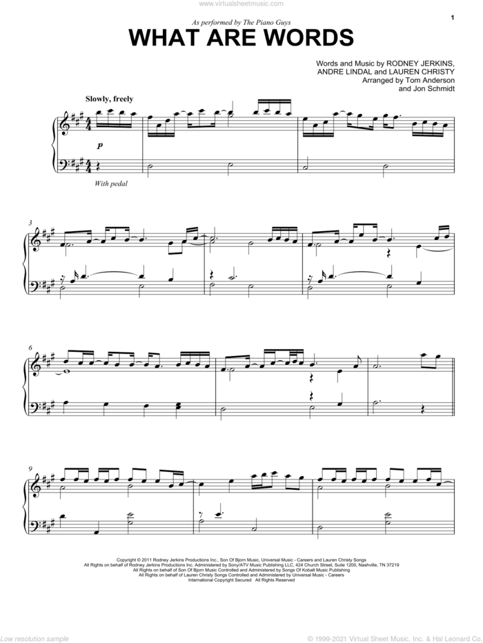 What Are Words sheet music for cello and piano by The Piano Guys, Chris Medina, Andre Lindal, Lauren Christy and Rodney Jerkins, intermediate skill level