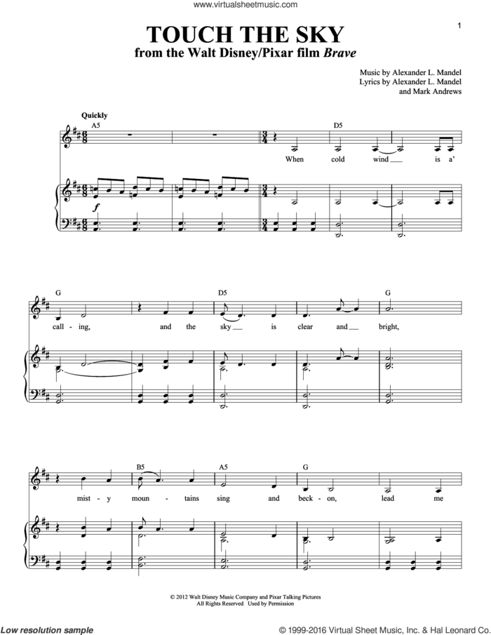 Touch The Sky (From Brave) sheet music for voice and piano by Alexander L. Mandel, Julie Fowlis and Mark Andrews, intermediate skill level