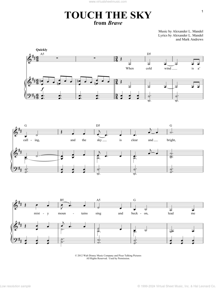 Touch The Sky (From Brave) sheet music for voice and piano by Alexander L. Mandel, Julie Fowlis and Mark Andrews, intermediate skill level