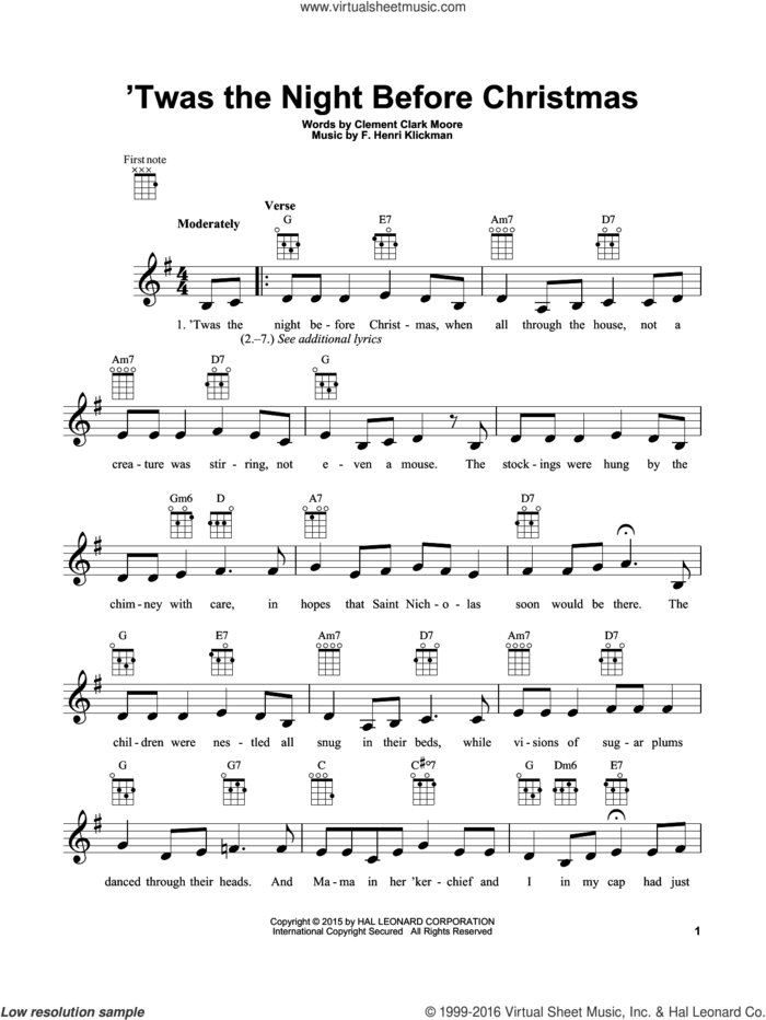 'Twas The Night Before Christmas sheet music for ukulele by Clement Clark Moore and F. Henri Klickman, intermediate skill level