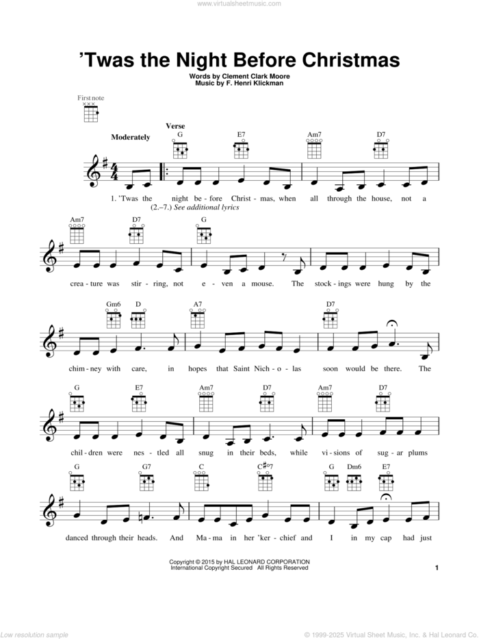 'Twas The Night Before Christmas sheet music for ukulele by Clement Clark Moore and F. Henri Klickman, intermediate skill level