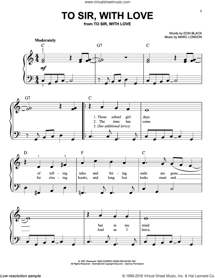To Sir, With Love sheet music for piano solo by Don Black, Lulu and Marc London, beginner skill level