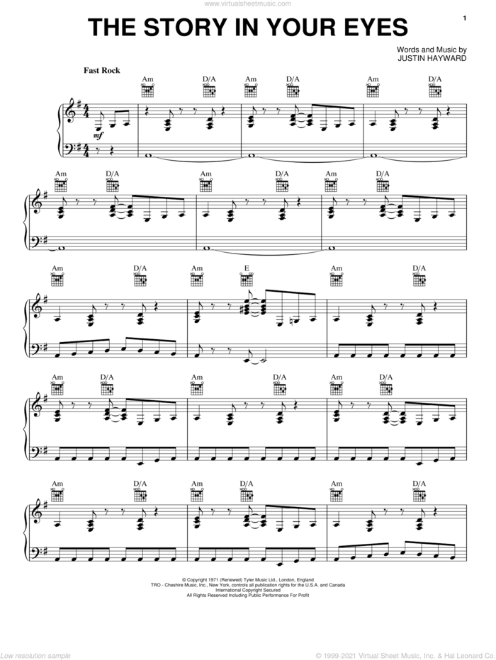 The Story In Your Eyes sheet music for voice, piano or guitar by The Moody Blues and Justin Hayward, intermediate skill level