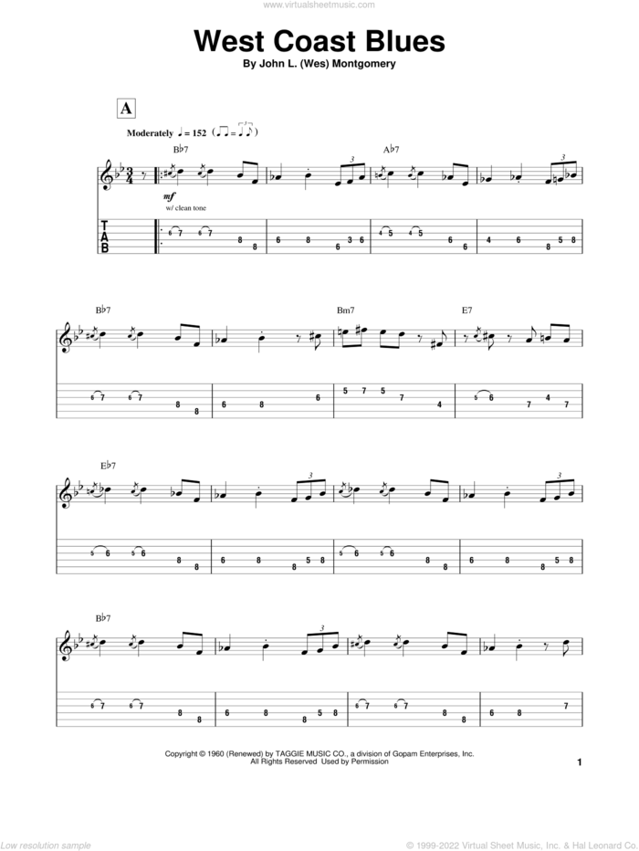 West Coast Blues sheet music for guitar (tablature, play-along) by Wes Montgomery and Sascha Burland, intermediate skill level