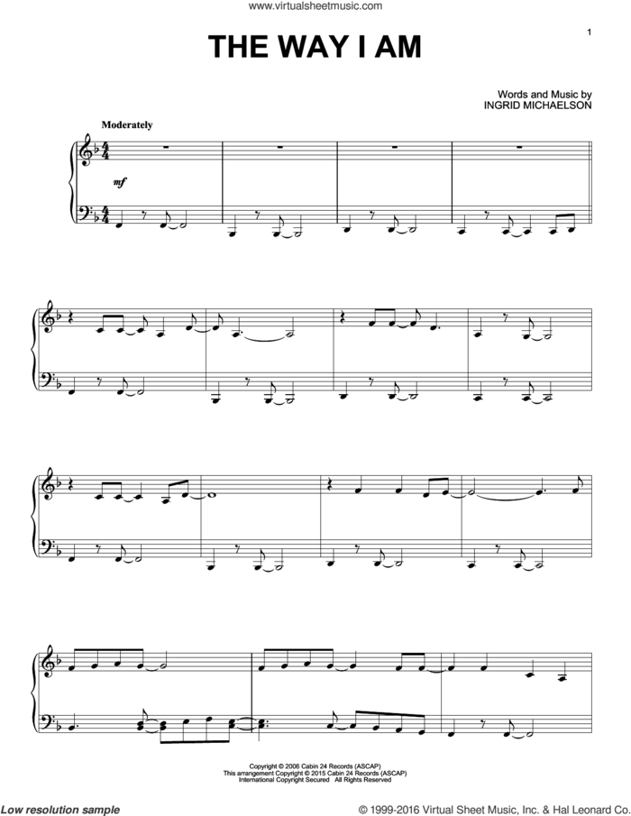 The Way I Am sheet music for piano solo by Ingrid Michaelson, wedding score, intermediate skill level