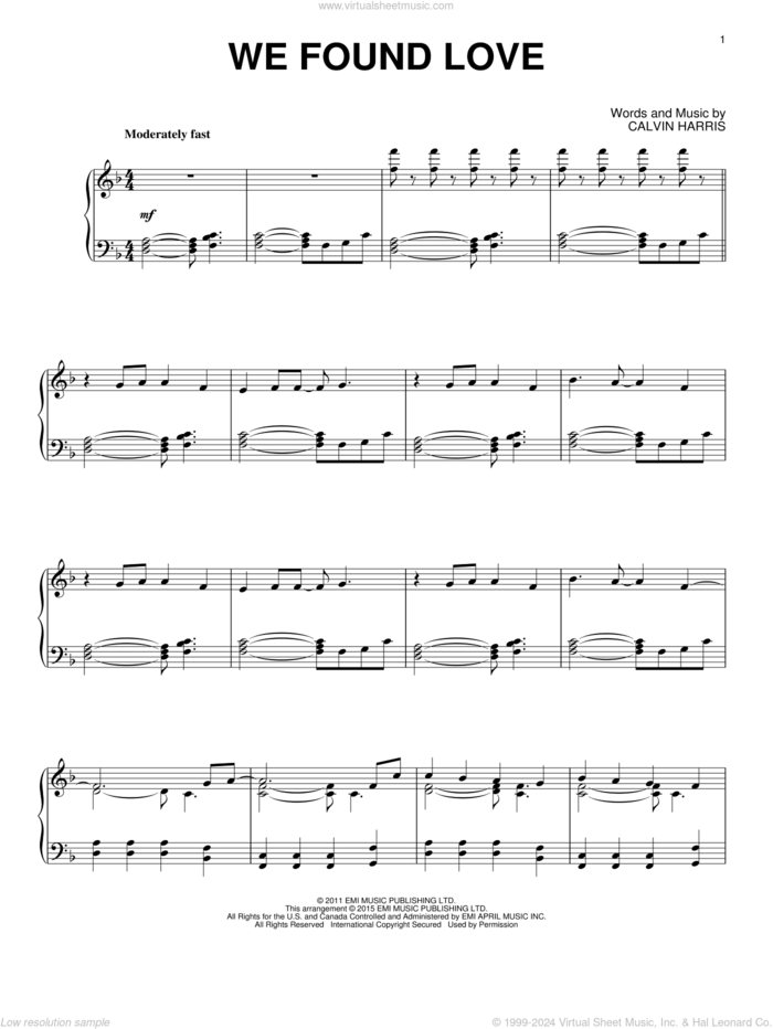 We Found Love sheet music for piano solo by Rihanna featuring Calvin Harris and Calvin Harris, wedding score, intermediate skill level