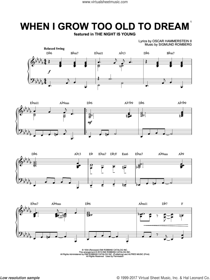 When I Grow Too Old To Dream [Jazz version] (arr. Brent Edstrom) sheet music for piano solo by Sigmund Romberg and Oscar II Hammerstein, intermediate skill level
