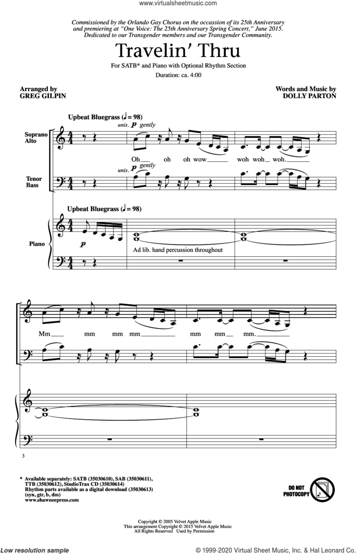 Travelin' Thru sheet music for choir (SATB: soprano, alto, tenor, bass) by Dolly Parton and Greg Gilpin, intermediate skill level