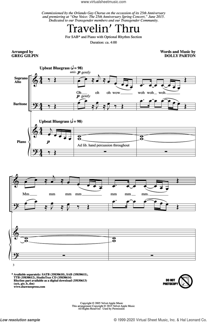 Travelin' Thru sheet music for choir (SAB: soprano, alto, bass) by Dolly Parton and Greg Gilpin, intermediate skill level