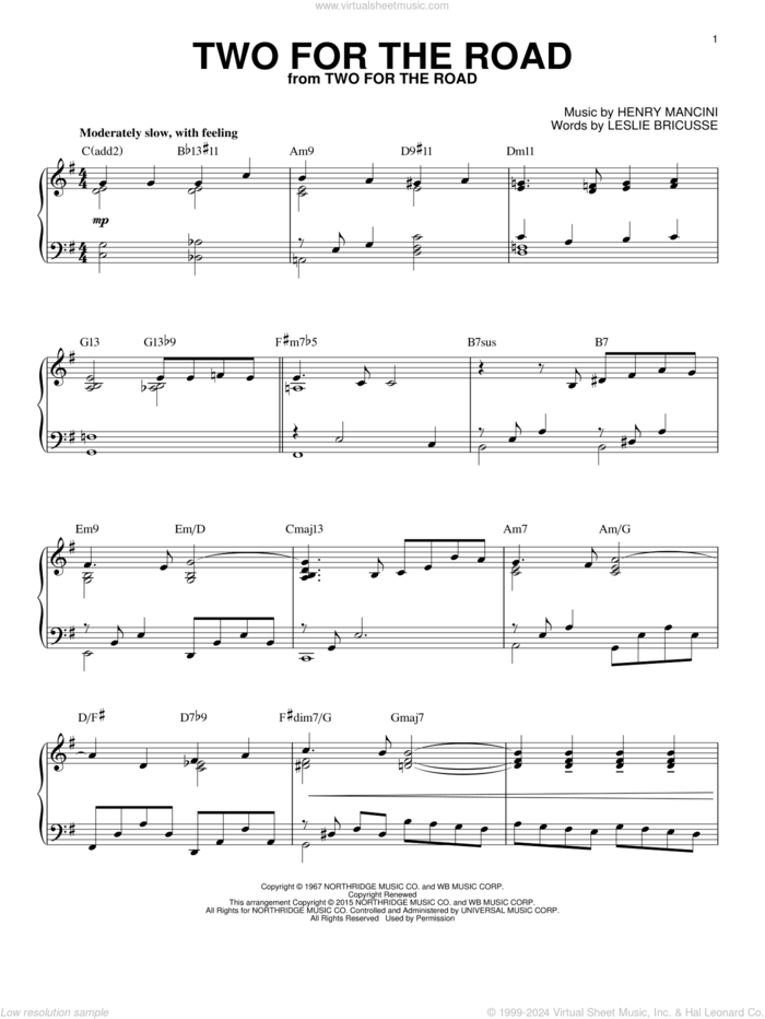 Two For The Road [Jazz version] (arr. Brent Edstrom) sheet music for piano solo by Henry Mancini and Leslie Bricusse, intermediate skill level