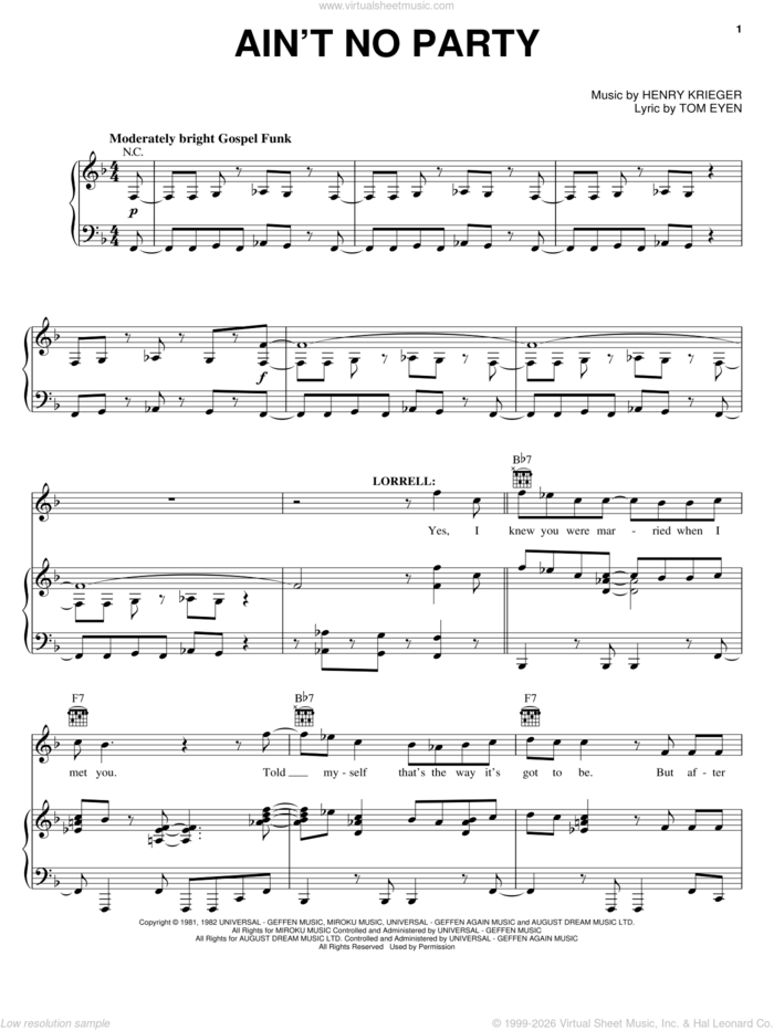 Ain't No Party sheet music for voice, piano or guitar by Tom Eyen, Dreamgirls (Musical) and Henry Krieger, intermediate skill level