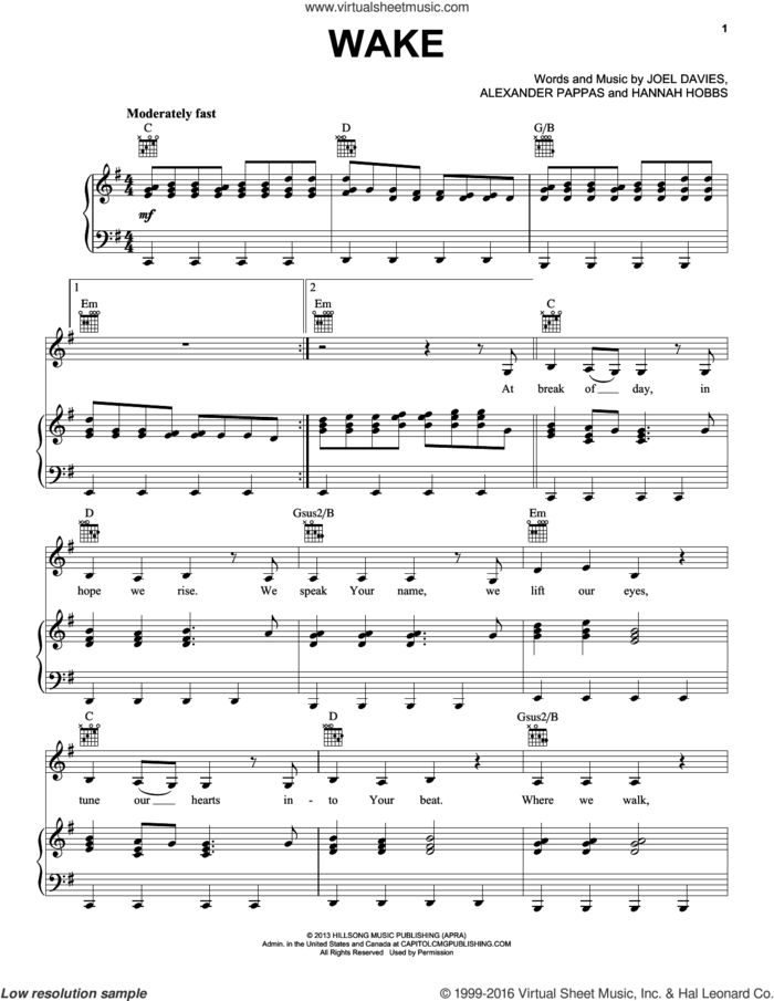 Wake sheet music for voice, piano or guitar by Hillsong Young & Free, Alexander Pappas, Hannah Hobbs and Joel Davies, intermediate skill level