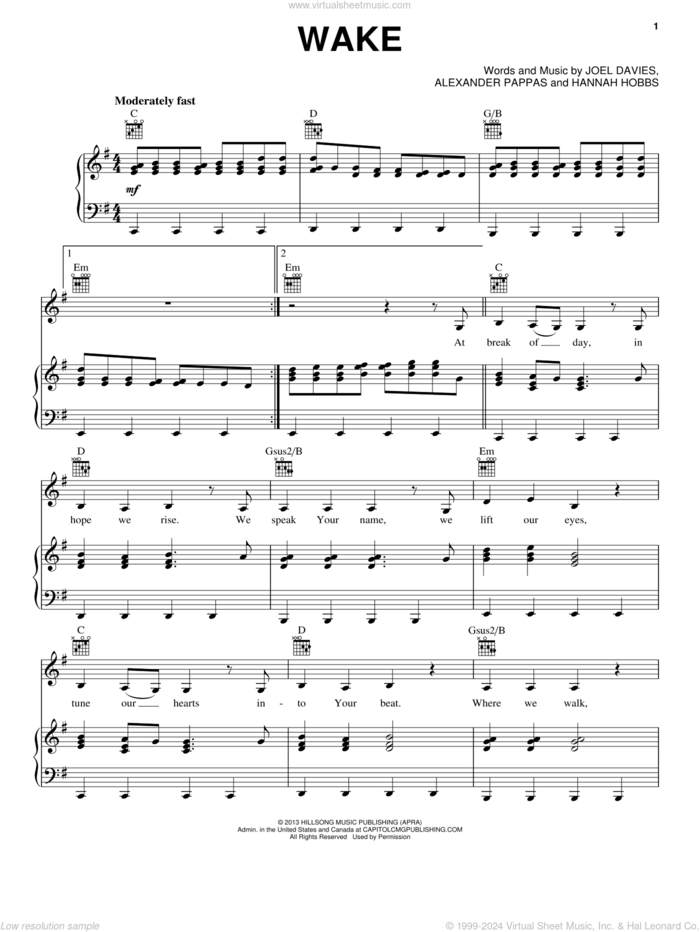 Wake sheet music for voice, piano or guitar by Hillsong Young & Free, Alexander Pappas, Hannah Hobbs and Joel Davies, intermediate skill level