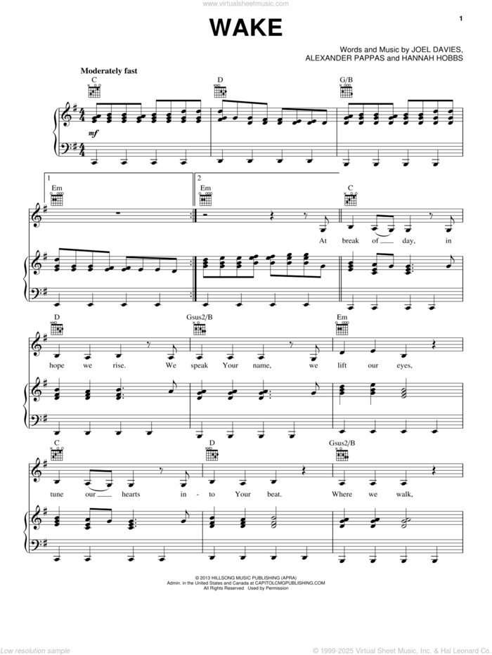 Wake sheet music for voice, piano or guitar by Hillsong Young & Free, Alexander Pappas, Hannah Hobbs and Joel Davies, intermediate skill level