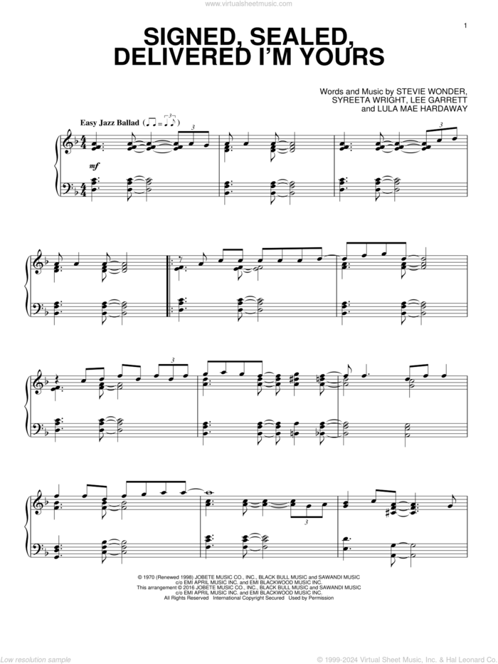 Signed, Sealed, Delivered I'm Yours [Jazz version] sheet music for piano solo by Stevie Wonder, Lee Garrett, Lula Mae Hardaway and Syreeta Wright, intermediate skill level